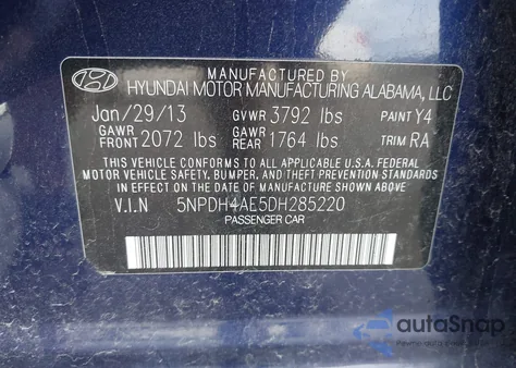 2013 Hyundai Elantra Gls z USA, uszkodzony, nr VIN 5NPDH4AE5DH285220